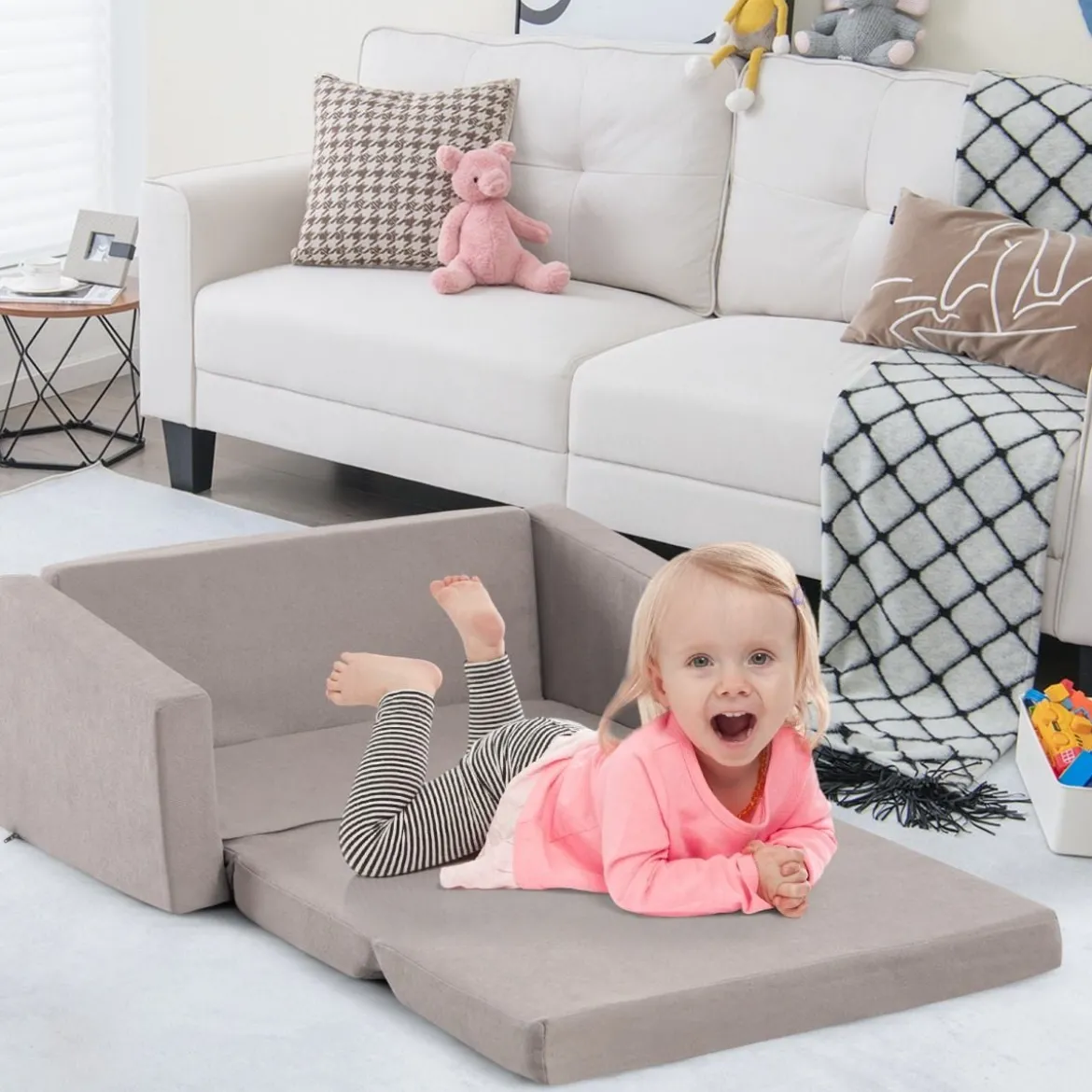 2 in 1 Klappbares Kindersofa mit Samtstoff Gepolsterter Kindersessel 77 x 43 x 40 cm Dunkelgrau