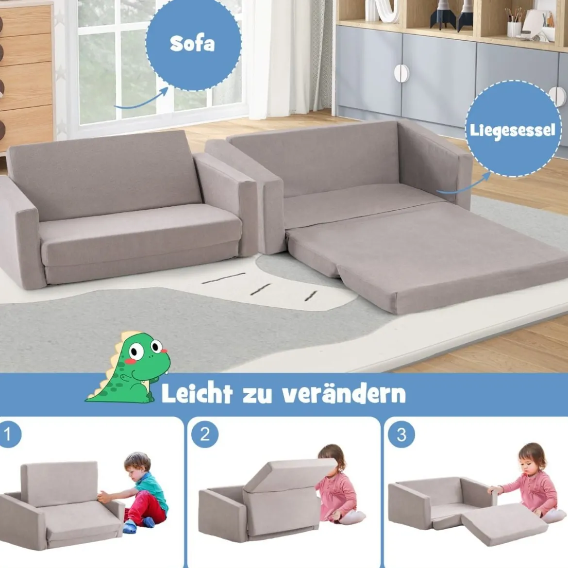 2 in 1 Klappbares Kindersofa mit Samtstoff Gepolsterter Kindersessel 77 x 43 x 40 cm Dunkelgrau