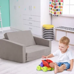 2 in 1 Klappbares Kindersofa mit Samtstoff Gepolsterter Kindersessel 77 x 43 x 40 cm Dunkelgrau