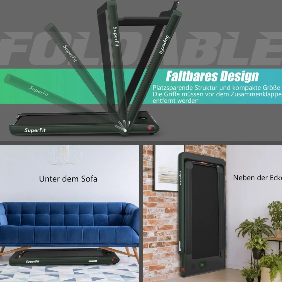 2 in 1 Klappbares Laufband 2,25 HP Tragbares Elektrisches Laufband