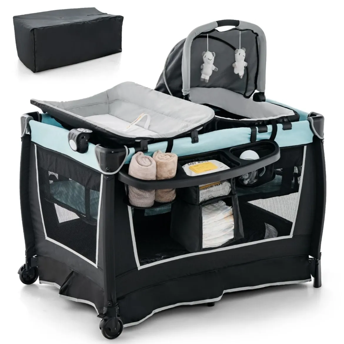 6 in 1 Klappbares Reisebett mit Schaukelfunktion Babykorb 103 x 72,5 x 73,5 cm Mintgrün + Grau