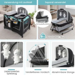 6 in 1 Klappbares Reisebett mit Schaukelfunktion Babykorb 103 x 72,5 x 73,5 cm Mintgrün + Grau