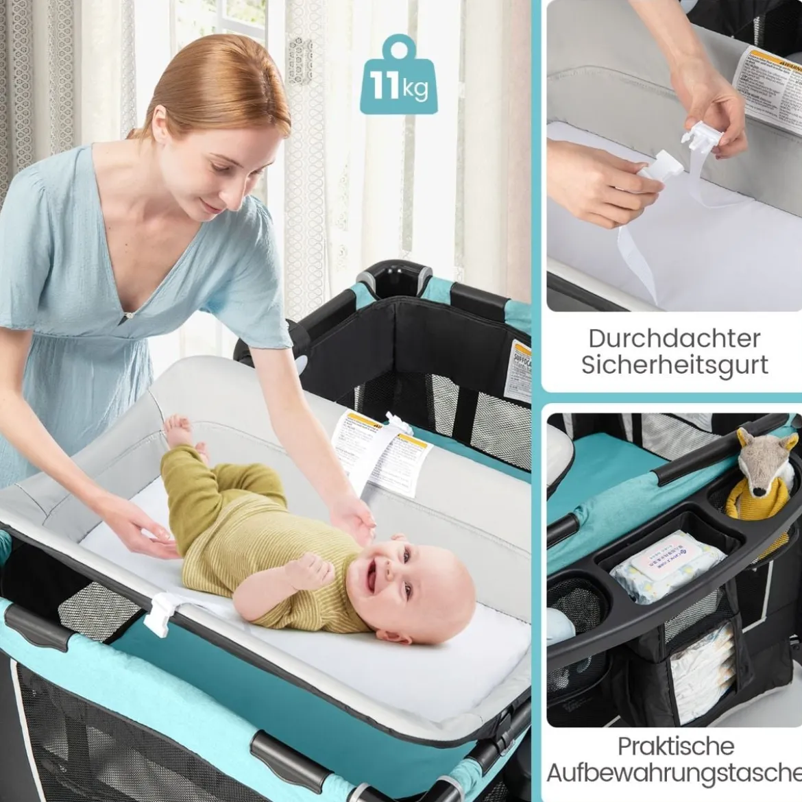 6 in 1 Klappbares Reisebett mit Schaukelfunktion Babykorb 103 x 72,5 x 73,5 cm Mintgrün + Grau