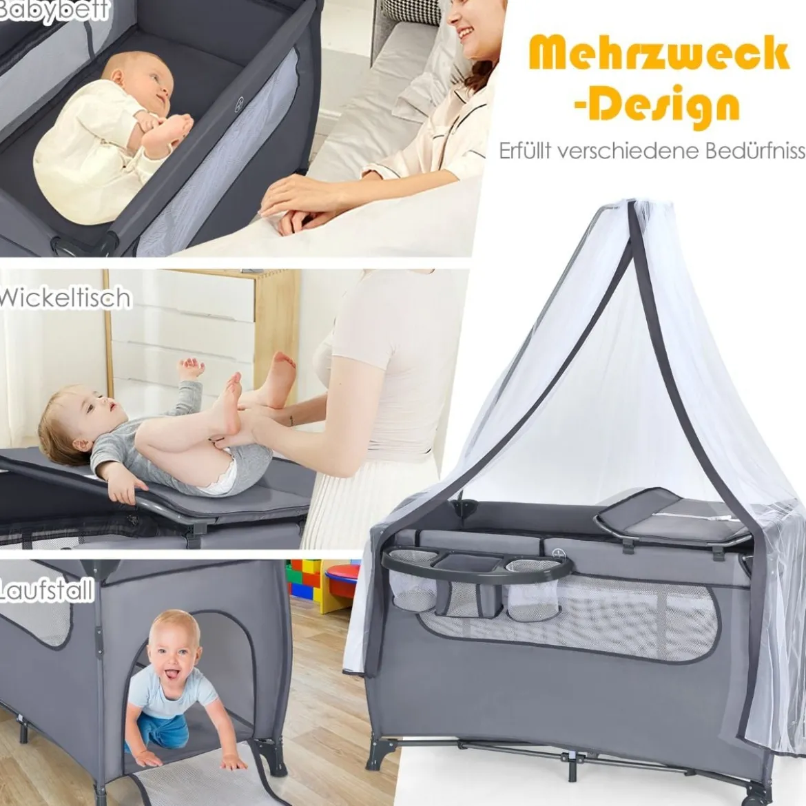 3 in 1 klappbares Reisebett & Wickeltisch & Laufstall 120 x 60cm Kinderbett 2 Ebenen Babybett inkl. Wickelauflage