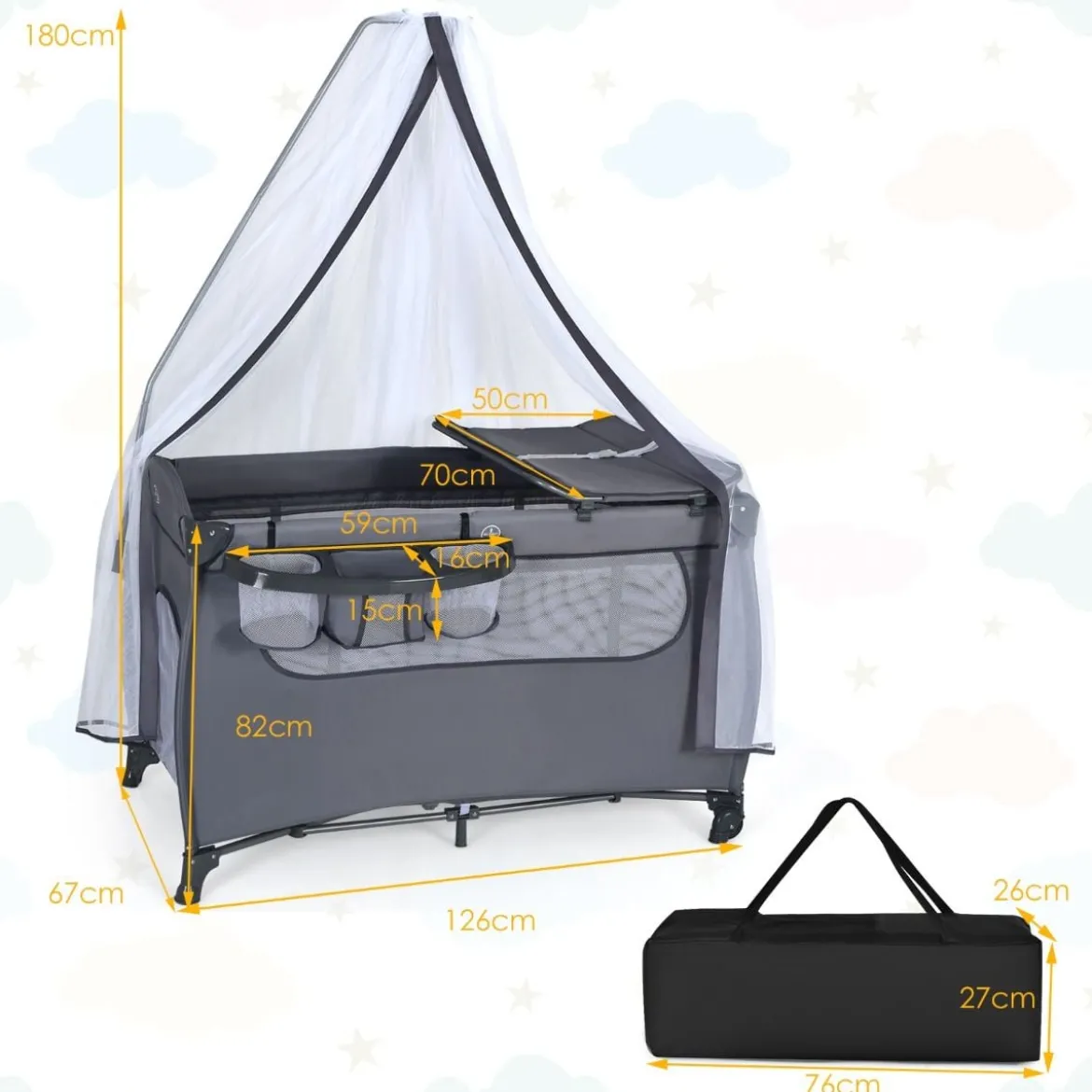 3 in 1 klappbares Reisebett & Wickeltisch & Laufstall 120 x 60cm Kinderbett 2 Ebenen Babybett inkl. Wickelauflage