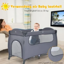 3 in 1 klappbares Reisebett & Wickeltisch & Laufstall 120 x 60cm Kinderbett 2 Ebenen Babybett inkl. Wickelauflage