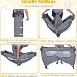 3 in 1 klappbares Reisebett & Wickeltisch & Laufstall 120 x 60cm Kinderbett 2 Ebenen Babybett inkl. Wickelauflage