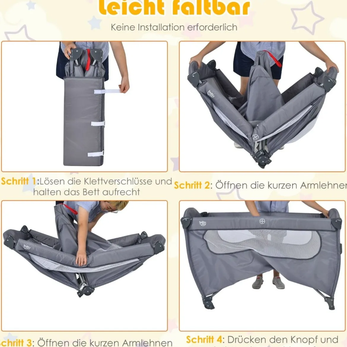 3 in 1 klappbares Reisebett & Wickeltisch & Laufstall 120 x 60cm Kinderbett 2 Ebenen Babybett inkl. Wickelauflage