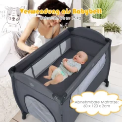3 in 1 klappbares Reisebett & Wickeltisch & Laufstall 120 x 60cm Kinderbett 2 Ebenen Babybett inkl. Wickelauflage