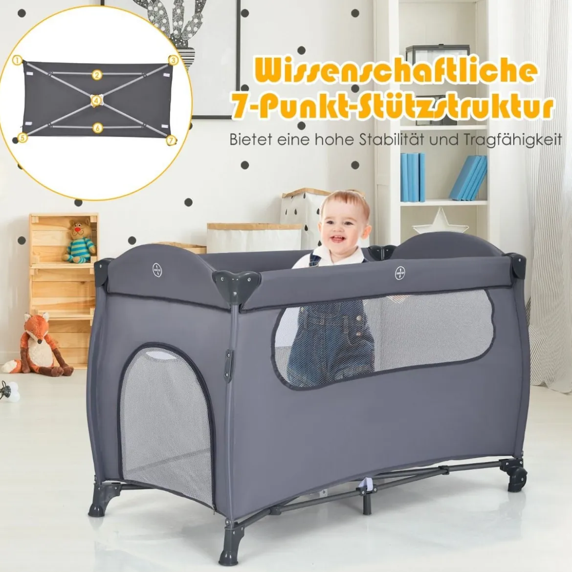 3 in 1 klappbares Reisebett & Wickeltisch & Laufstall 120 x 60cm Kinderbett 2 Ebenen Babybett inkl. Wickelauflage