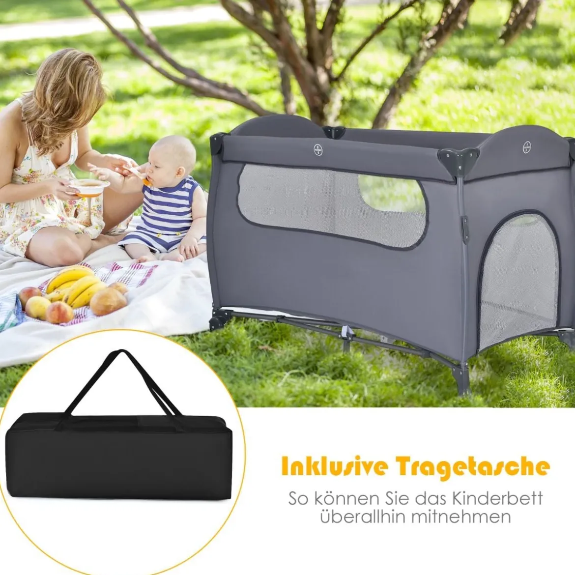 3 in 1 klappbares Reisebett & Wickeltisch & Laufstall 120 x 60cm Kinderbett 2 Ebenen Babybett inkl. Wickelauflage
