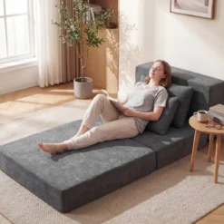 3 In 1 Klappbares Schlafsofa Chenille Mit 2 Kissen für Wohnzimmer Schlafzimmer Home Office Grau