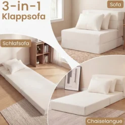 3 In 1 Klappbares Schlafsofa Chenille Mit 2 Kissen für Wohnzimmer Schlafzimmer Home Office Beige