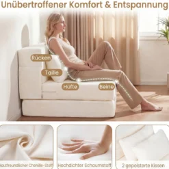 3 In 1 Klappbares Schlafsofa Chenille Mit 2 Kissen für Wohnzimmer Schlafzimmer Home Office Beige