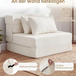 3 In 1 Klappbares Schlafsofa Chenille Mit 2 Kissen für Wohnzimmer Schlafzimmer Home Office Beige