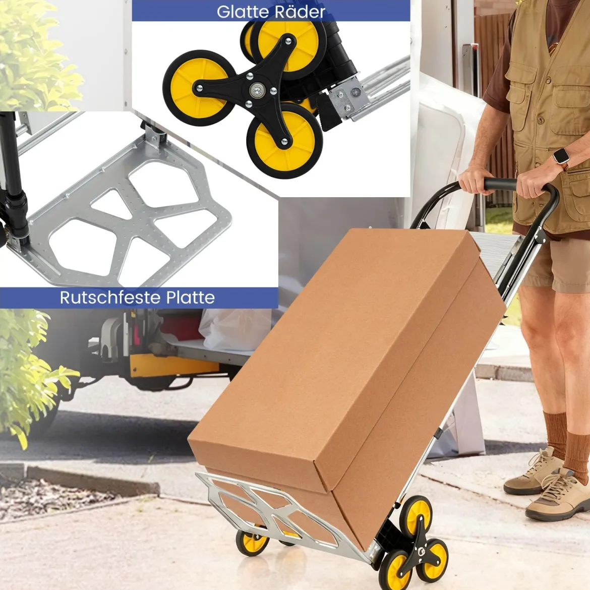 2-in-1 Klappkarre & Leiter Aluminium 3-Stufen Hocker mit rutschfesten Pedalen Schwerlast tragbarer Sackkarren Silber