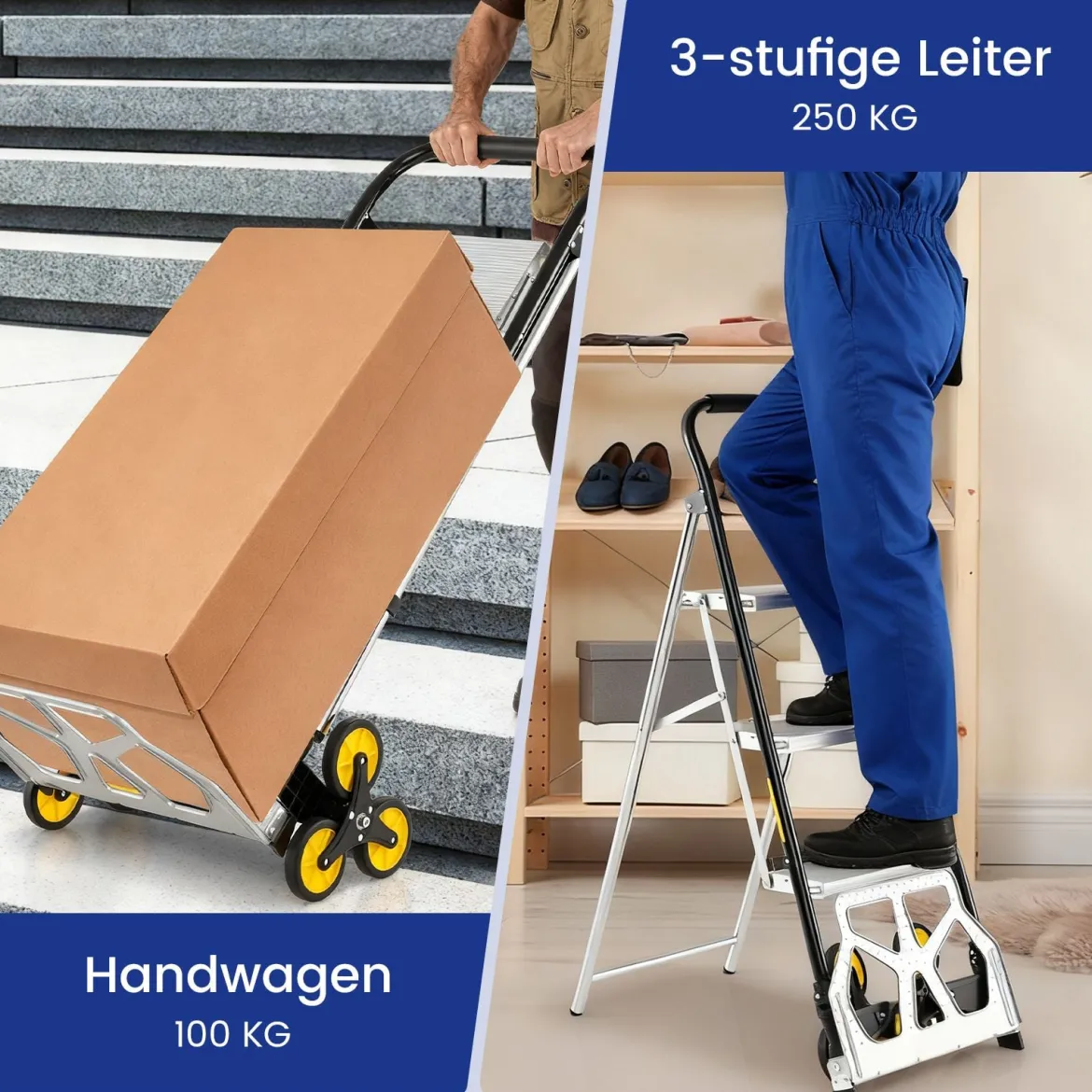 2-in-1 Klappkarre & Leiter Aluminium 3-Stufen Hocker mit rutschfesten Pedalen Schwerlast tragbarer Sackkarren Silber