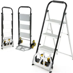 2-in-1 Klappkarre & Leiter Aluminium 3-Stufen Hocker mit rutschfesten Pedalen Schwerlast tragbarer Sackkarren Silber