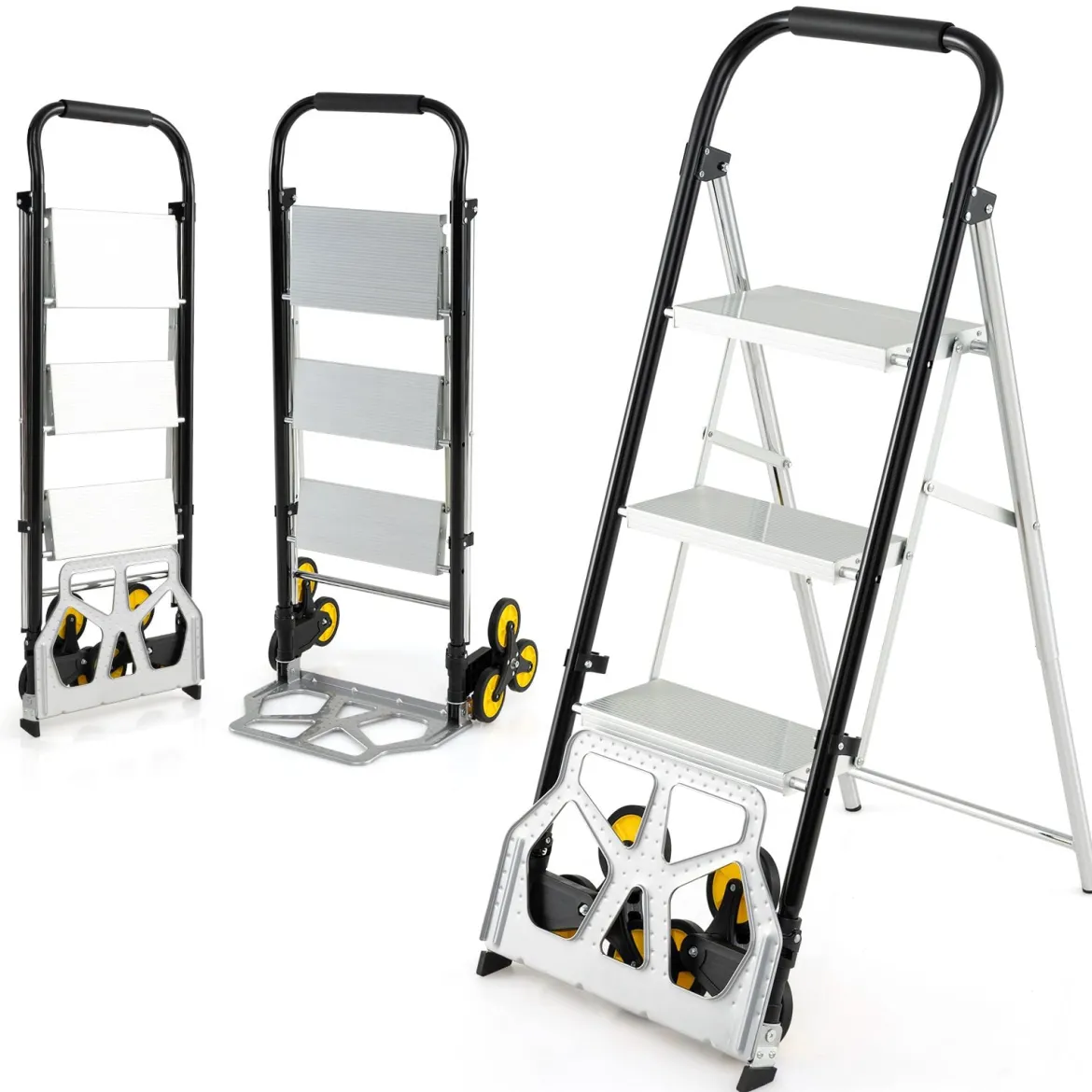 2-in-1 Klappkarre & Leiter Aluminium 3-Stufen Hocker mit rutschfesten Pedalen Schwerlast tragbarer Sackkarren Silber