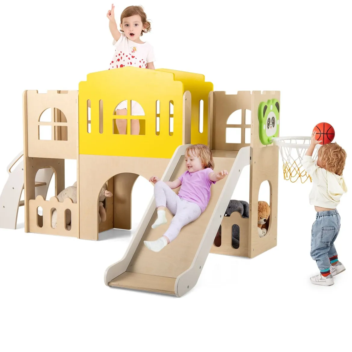 7-in-1 Kleinkind-Rutsche mit Kletterleiter Basketballkorb Tunnel & Stauraum Kinder Rutsche Bunt