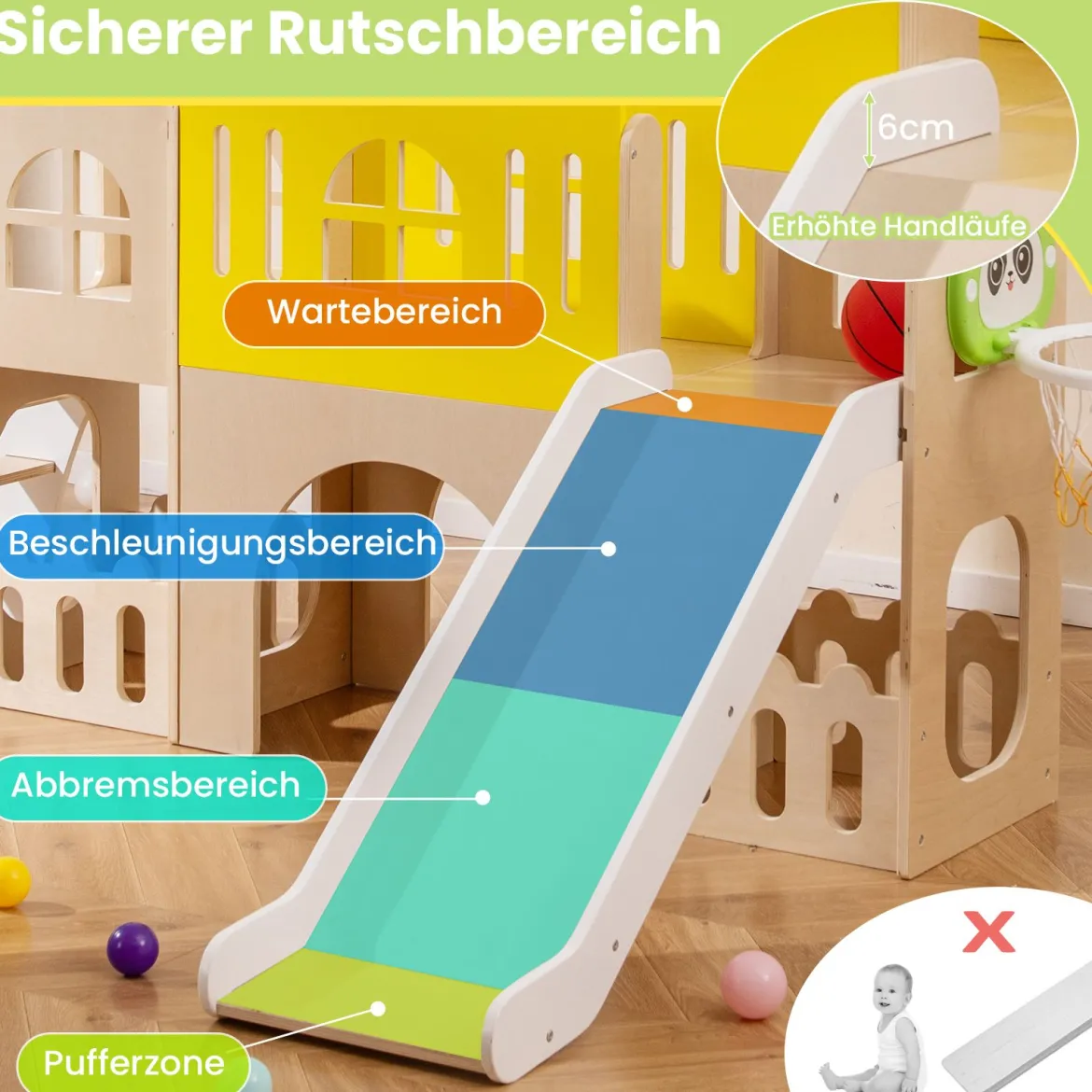 7-in-1 Kleinkind-Rutsche mit Kletterleiter Basketballkorb Tunnel & Stauraum Kinder Rutsche Bunt
