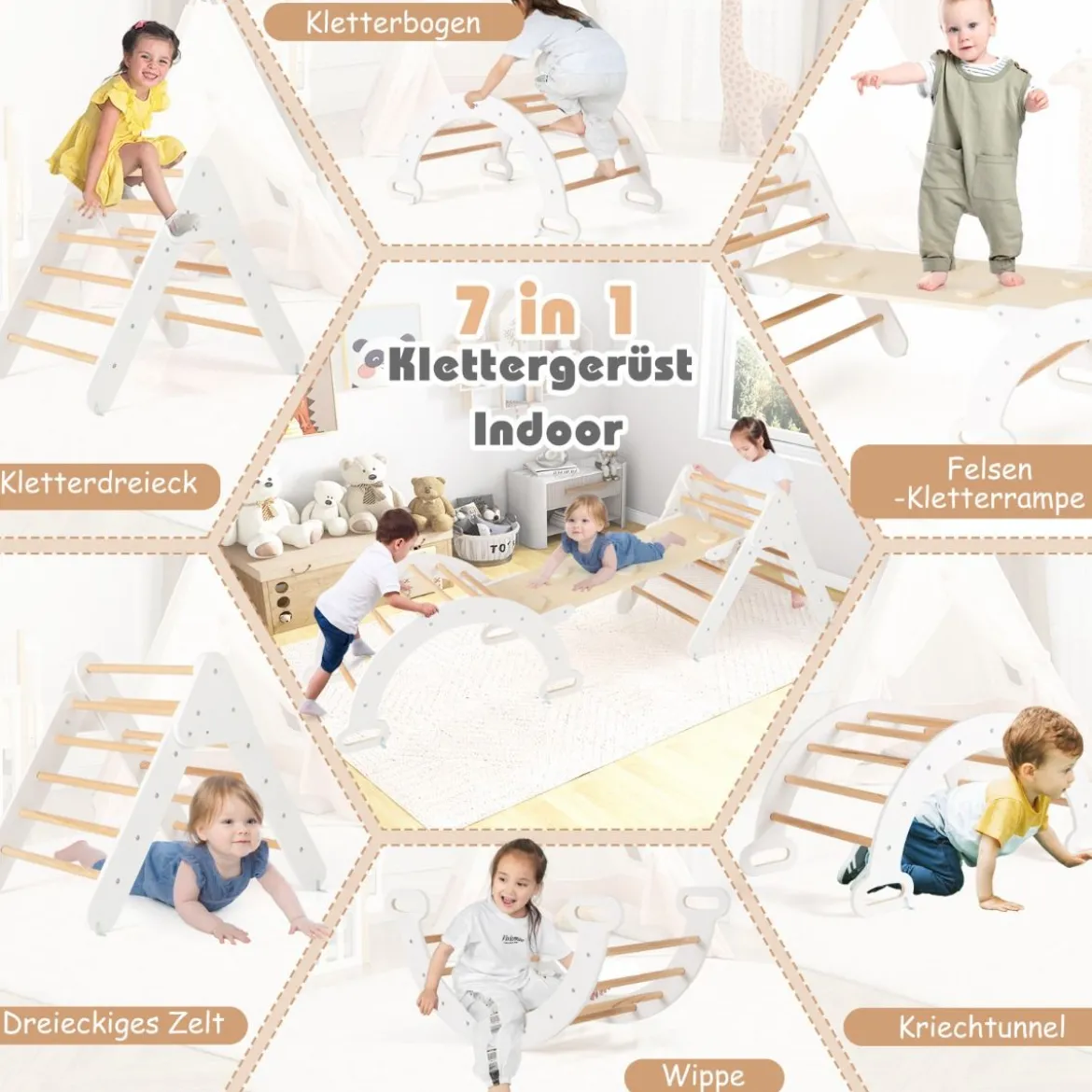 4 in 1 Kletterdreieck mit Rutsche & Kletterbogen & Doppelseitige Rampe Klettergerüst Natur/Bunt/Mehrfärbig/Grau/Weiß