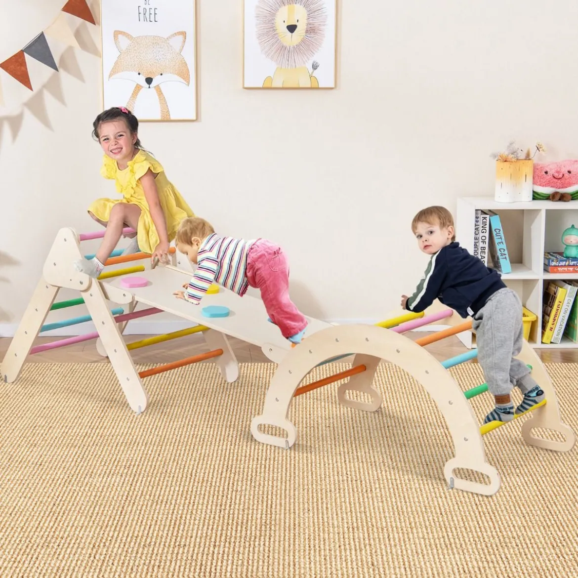 4 in 1 Kletterdreieck mit Rutsche & Kletterbogen & Doppelseitige Rampe Klettergerüst Natur/Bunt/Mehrfärbig/Grau/Weiß