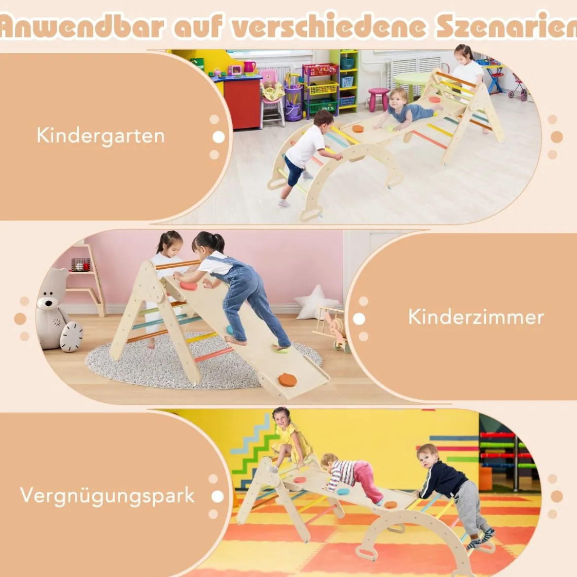 4 in 1 Kletterdreieck mit Rutsche & Kletterbogen & Doppelseitige Rampe Klettergerüst Natur/Bunt/Mehrfärbig/Grau/Weiß