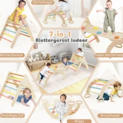4 in 1 Kletterdreieck mit Rutsche & Kletterbogen & Doppelseitige Rampe Klettergerüst Natur/Bunt/Mehrfärbig/Grau/Weiß