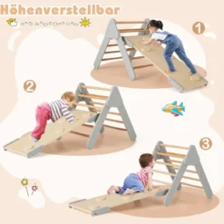 4 in 1 Kletterdreieck mit Rutsche & Kletterbogen & Doppelseitige Rampe Klettergerüst Natur/Bunt/Mehrfärbig/Grau/Weiß