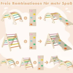 4 in 1 Kletterdreieck mit Rutsche & Kletterbogen & Doppelseitige Rampe Klettergerüst Natur/Bunt/Mehrfärbig/Grau/Weiß