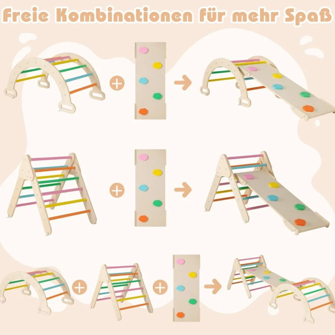 4 in 1 Kletterdreieck mit Rutsche & Kletterbogen & Doppelseitige Rampe Klettergerüst Natur/Bunt/Mehrfärbig/Grau/Weiß