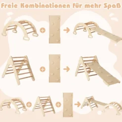 4 in 1 Kletterdreieck mit Rutsche & Kletterbogen & Doppelseitige Rampe Klettergerüst Natur/Bunt/Mehrfärbig/Grau/Weiß