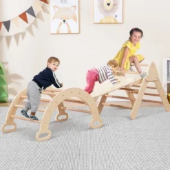 4 in 1 Kletterdreieck mit Rutsche & Kletterbogen & Doppelseitige Rampe Klettergerüst Natur/Bunt/Mehrfärbig/Grau/Weiß
