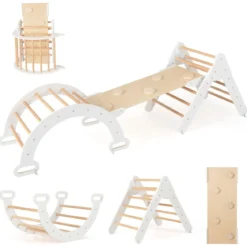 4 in 1 Kletterdreieck mit Rutsche & Kletterbogen & Doppelseitige Rampe Klettergerüst Natur/Bunt/Mehrfärbig/Grau/Weiß
