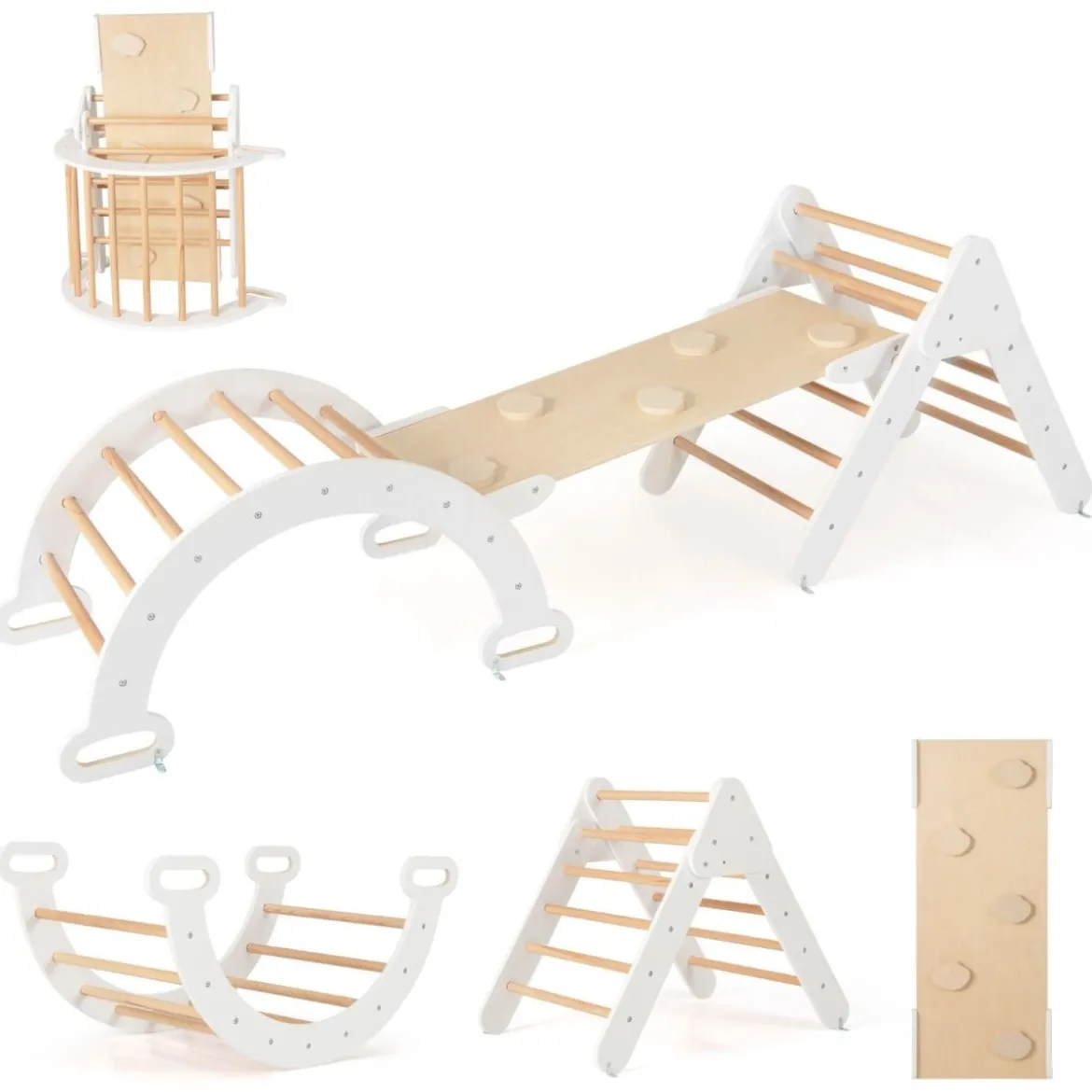 4 in 1 Kletterdreieck mit Rutsche & Kletterbogen & Doppelseitige Rampe Klettergerüst Natur/Bunt/Mehrfärbig/Grau/Weiß