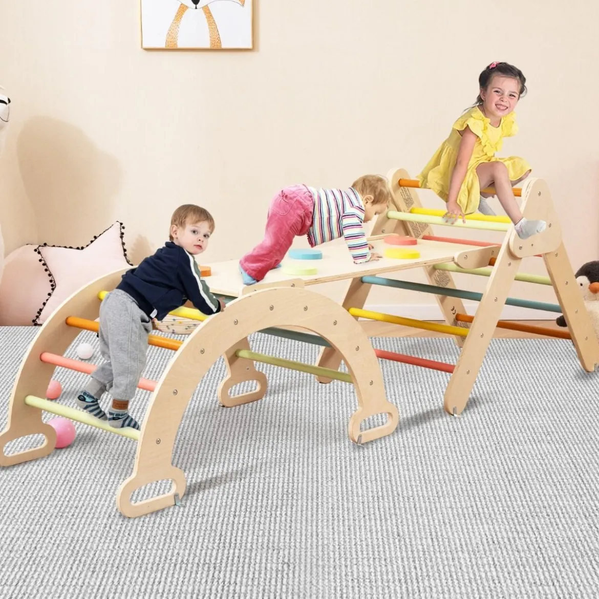4 in 1 Kletterdreieck mit Rutsche & Kletterbogen & Doppelseitige Rampe Klettergerüst Natur/Bunt/Mehrfärbig/Grau/Weiß
