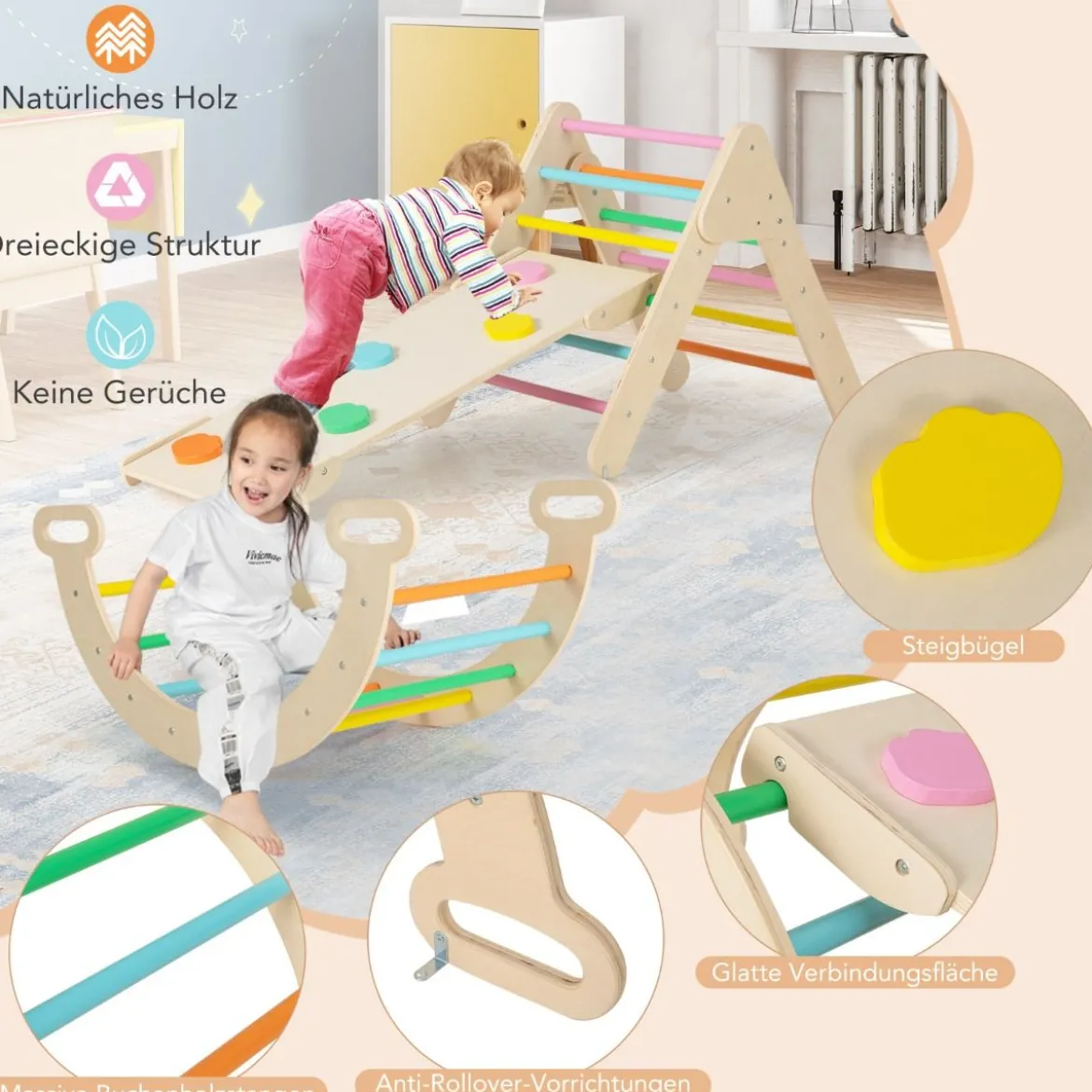 4 in 1 Kletterdreieck mit Rutsche & Kletterbogen & Doppelseitige Rampe Klettergerüst Natur/Bunt/Mehrfärbig/Grau/Weiß