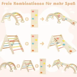 4 in 1 Kletterdreieck mit Rutsche & Kletterbogen & Doppelseitige Rampe Klettergerüst Natur/Bunt/Mehrfärbig/Grau/Weiß