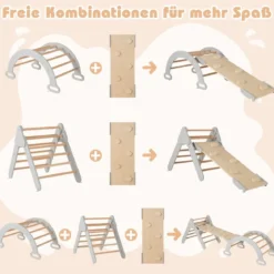 4 in 1 Kletterdreieck mit Rutsche & Kletterbogen & Doppelseitige Rampe Klettergerüst Natur/Bunt/Mehrfärbig/Grau/Weiß