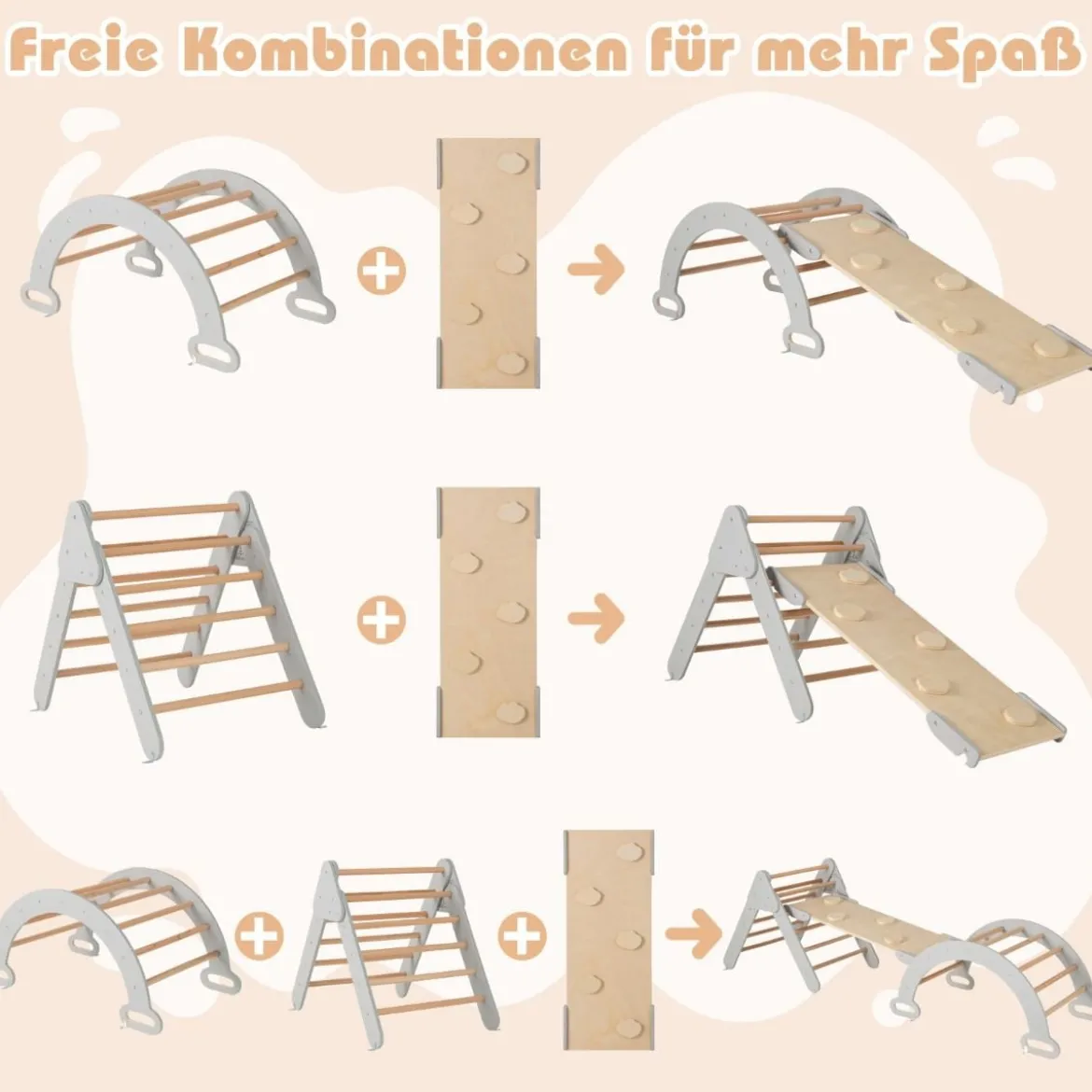 4 in 1 Kletterdreieck mit Rutsche & Kletterbogen & Doppelseitige Rampe Klettergerüst Natur/Bunt/Mehrfärbig/Grau/Weiß