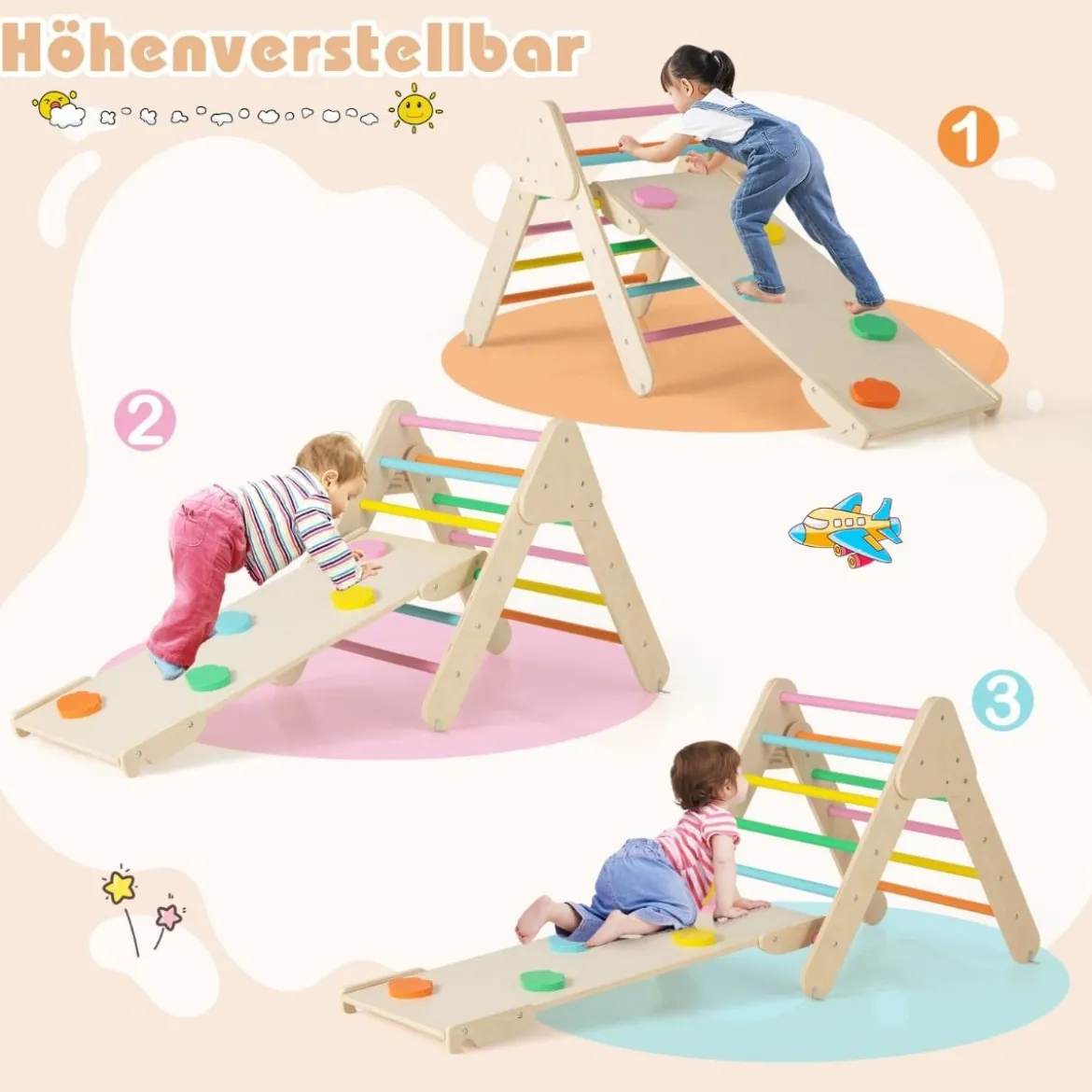 4 in 1 Kletterdreieck mit Rutsche & Kletterbogen & Doppelseitige Rampe Klettergerüst Natur/Bunt/Mehrfärbig/Grau/Weiß