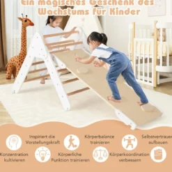 4 in 1 Kletterdreieck mit Rutsche & Kletterbogen & Doppelseitige Rampe Klettergerüst Natur/Bunt/Mehrfärbig/Grau/Weiß