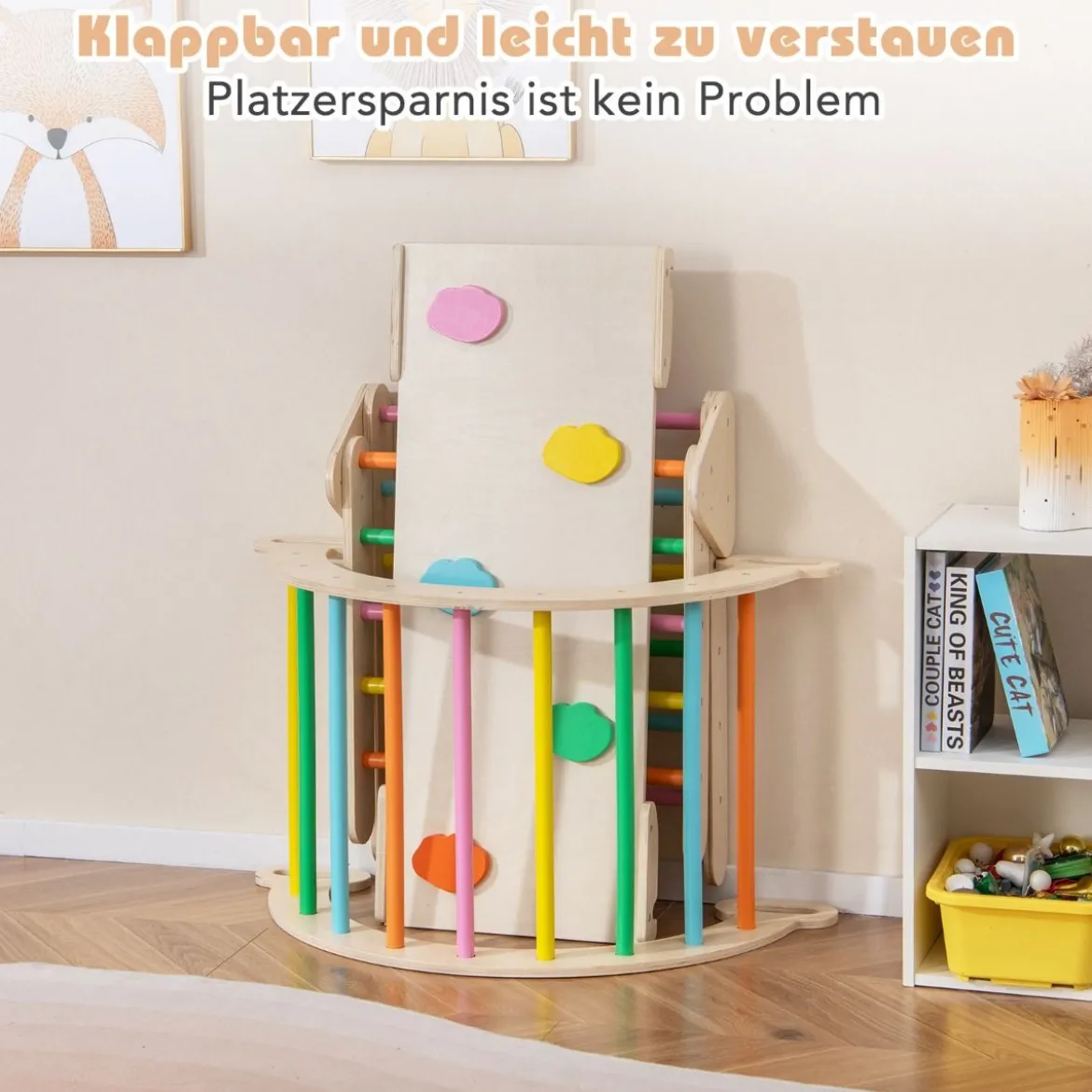 4 in 1 Kletterdreieck mit Rutsche & Kletterbogen & Doppelseitige Rampe Klettergerüst Natur/Bunt/Mehrfärbig/Grau/Weiß