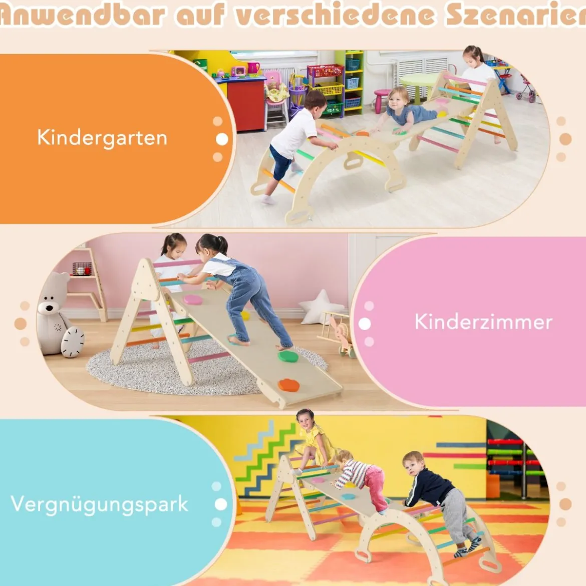 4 in 1 Kletterdreieck mit Rutsche & Kletterbogen & Doppelseitige Rampe Klettergerüst Natur/Bunt/Mehrfärbig/Grau/Weiß
