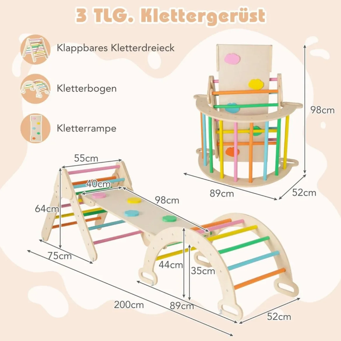 4 in 1 Kletterdreieck mit Rutsche & Kletterbogen & Doppelseitige Rampe Klettergerüst Natur/Bunt/Mehrfärbig/Grau/Weiß