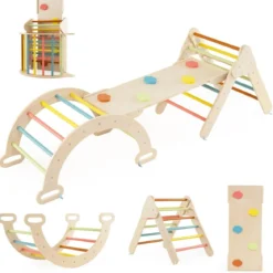 4 in 1 Kletterdreieck mit Rutsche & Kletterbogen & Doppelseitige Rampe Klettergerüst Natur/Bunt/Mehrfärbig/Grau/Weiß