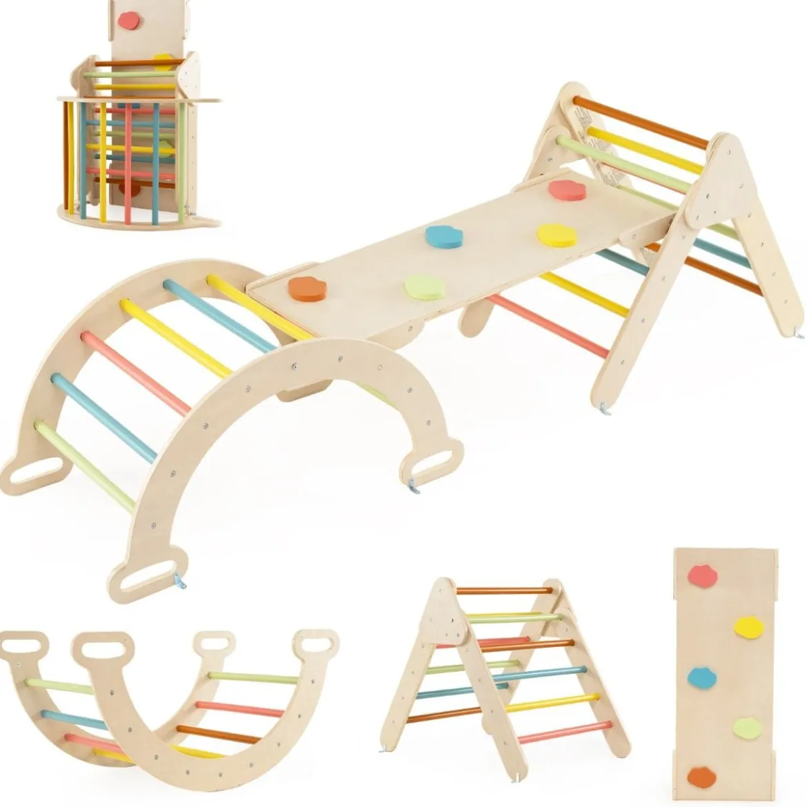 4 in 1 Kletterdreieck mit Rutsche & Kletterbogen & Doppelseitige Rampe Klettergerüst Natur/Bunt/Mehrfärbig/Grau/Weiß