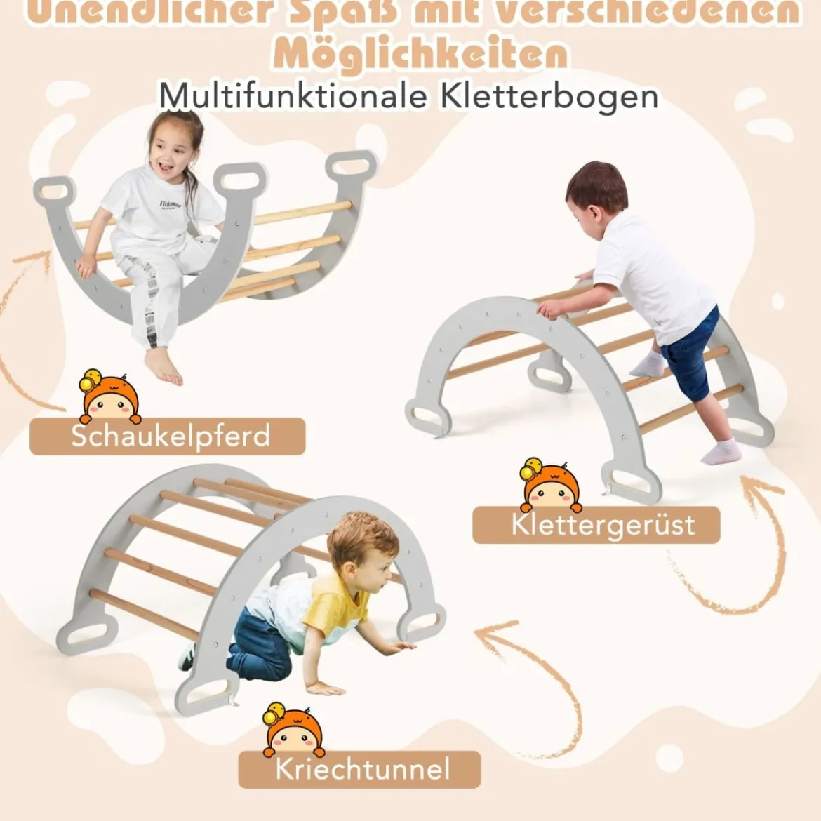4 in 1 Kletterdreieck mit Rutsche & Kletterbogen & Doppelseitige Rampe Klettergerüst Natur/Bunt/Mehrfärbig/Grau/Weiß