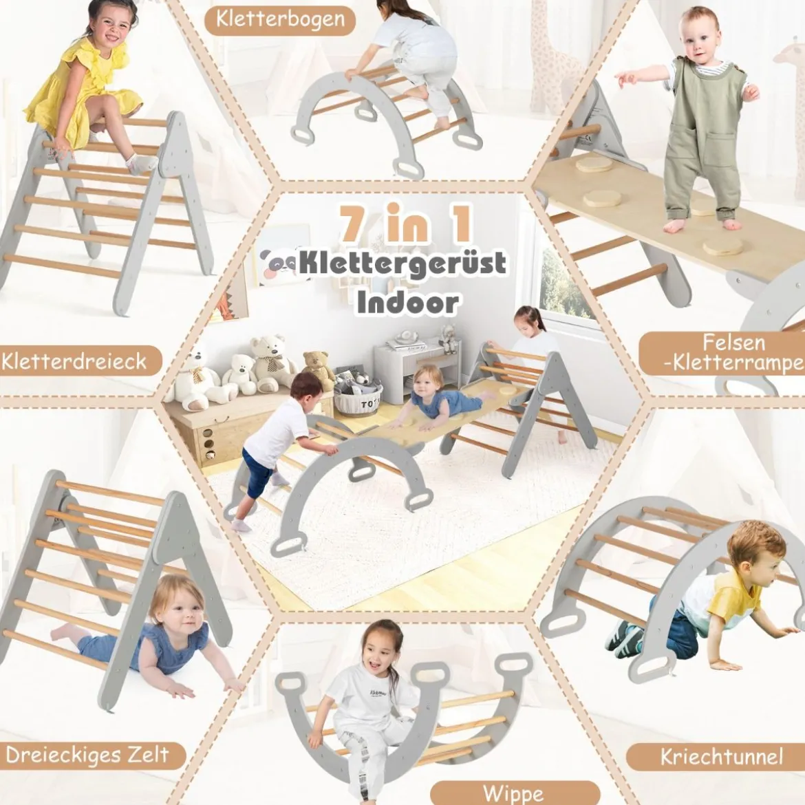4 in 1 Kletterdreieck mit Rutsche & Kletterbogen & Doppelseitige Rampe Klettergerüst Natur/Bunt/Mehrfärbig/Grau/Weiß